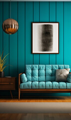 Teal Wall Living Room Interior Design with Sofa Lamp and Artwork