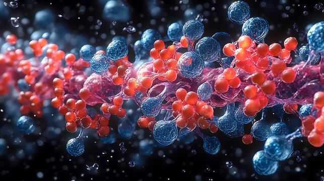 Molecular structure depicted in 3D, showcasing vibrant red and blue elements, representing gene expression and cellular interactions in dynamic environment