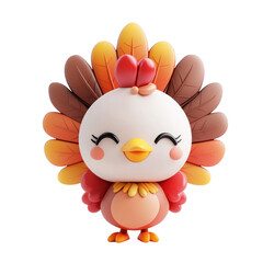 Fototapeta premium A cheerful cartoon turkey character with colorful feathers and a bright smile., isolated on a transparent background.