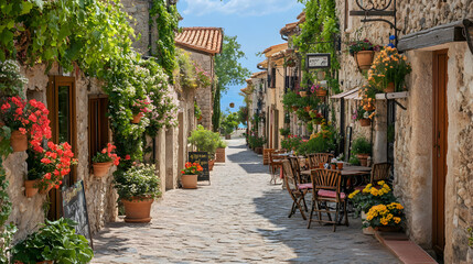 Fototapeta premium Vibrant Flower-Adorned Stone Street, Mediterranean Coastal Village, Sunny Day