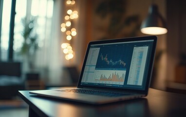 Graphs and charts displayed on a laptop in a contemporary office space, selective focus on screen. 