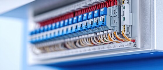 A close-up of a neatly organized electrical distribution board showcasing circuit breakers and colorful wiring.