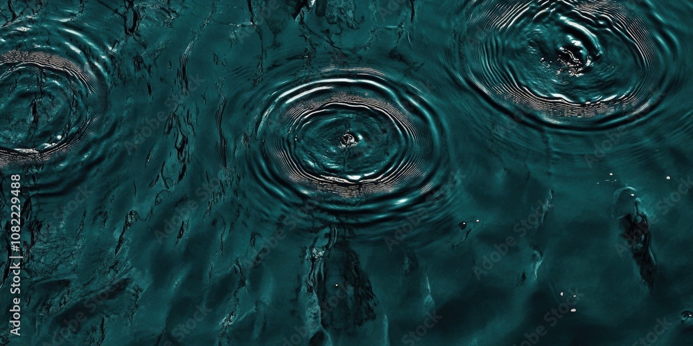 Poster close-up view of raindrops creating ripples on dark water surface, capturing the intricate patterns 