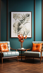 Teal Wall Living Room Interior with Two Armchairs and Coffee Table
