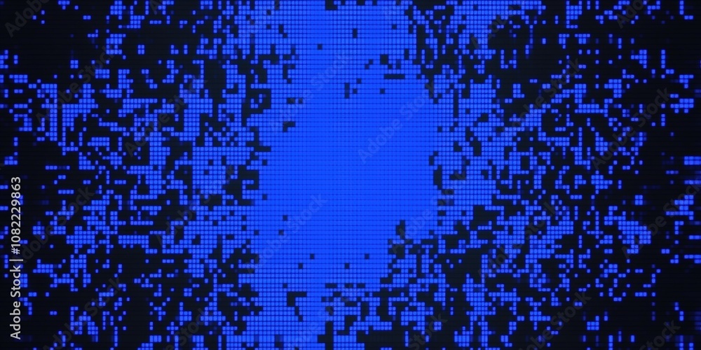 Poster abstract digital background featuring blue pixelated pattern with central vacancy for text or design