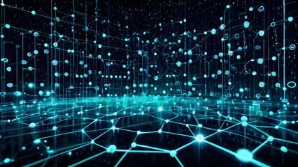 Naklejka premium Abstract digital data background with interconnected binary code patterns, futuristic network structure, and glowing technology elements representing information flow and data analytics