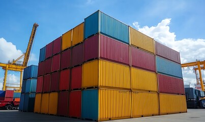Fototapeta premium Stacked shipping containers at a port against a blue sky.