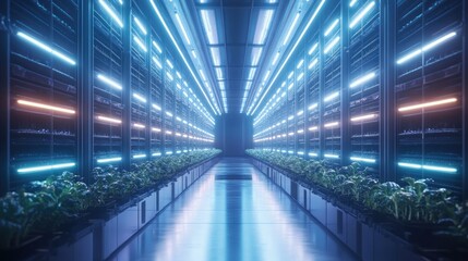Futuristic indoor farm with neon lights and growing plants.