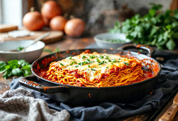Fototapeta premium Homemade Lasagna in Cast Iron Skillet