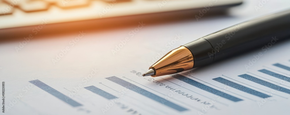 Poster a close-up of a pen hovering over a financial document with graphs, suggesting analysis or planning 