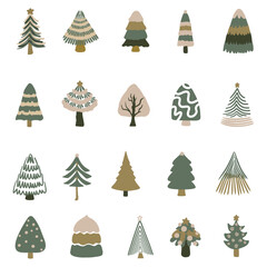 Hand-Drawn Christmas Tree Icon Set for Holiday Designs, Scandinavian-Inspired Christmas Tree Icon set.