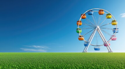 A vibrant Ferris wheel under a clear blue sky, featuring colorful carriages and a striking white steel frame, capturing joyful amusement park vibes