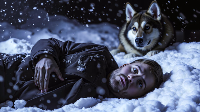 A man laying in the snow next to a dog