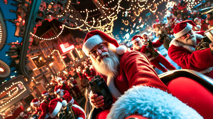 A group of people dressed as Santa Claus riding on top of a sleigh