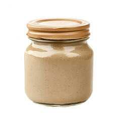 A glass jar filled with creamy nut butter, ideal for healthy snacking and cooking., isolated on a transparent background.