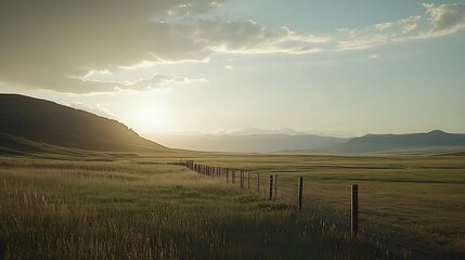 A serene landscape at sunset with rolling hills and a fence line.