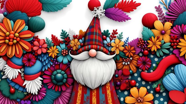 A gnome with a hat and a beard surrounded by colorful flowers