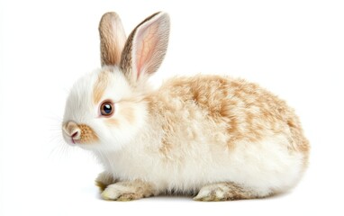 Obraz premium Rabbit on White Background â€“ Fluffy white rabbit with pink nose and long ears perked up, sitting in a gentle pose 