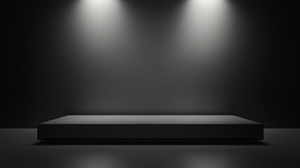 Dramatic dark stage with spotlight illuminating an empty rectangular podium on a minimal black background for product display