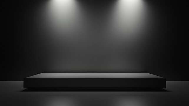 Dramatic dark stage with spotlight illuminating an empty rectangular podium on a minimal black background for product display