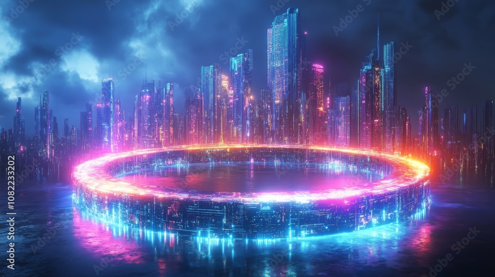Poster 3d rendering of a colorful circular ring in the center of an alien planet
