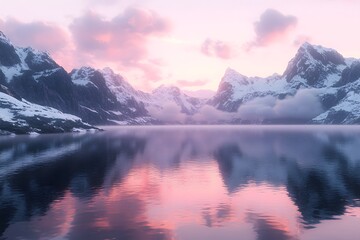 Fototapeta premium Serene mountain landscape at dawn, reflecting on a calm lake with soft clouds.
