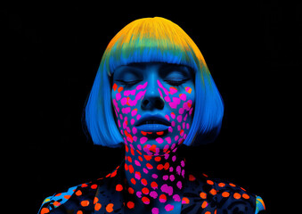 Vibrant futuristic neon portrait of a woman with uv paint glowing in blacklight against a dark background
