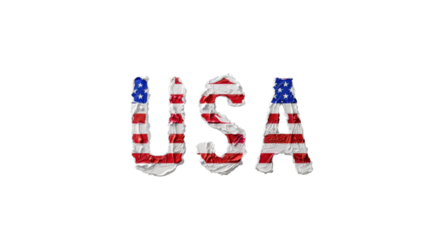 Artistic representation of USA with flag-inspired letters.