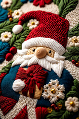 A close up of a santa claus ornament on a wall hanging