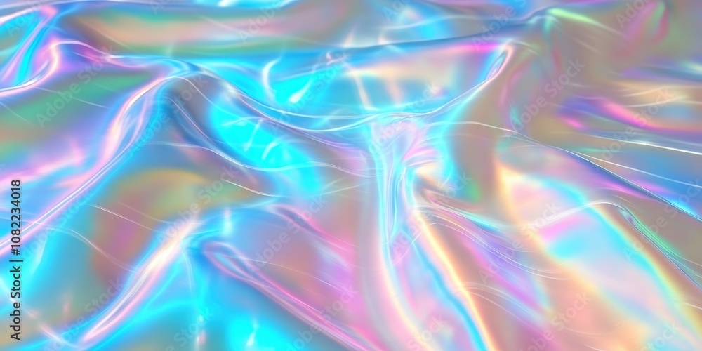 Poster abstract iridescent fabric or surface texture with soft pastel colors reflecting light, creating a d