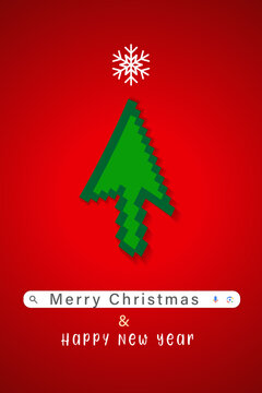 Merry Christmas and Happy New Year creative card with cursor arrow as a green Xmas tree. Computer mouse cursor pointer as a green Xmas tree and snowflake. Vector illustration