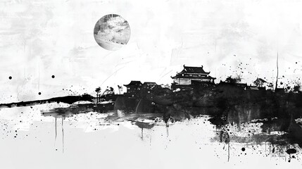Fototapeta premium Majestic Misty Mountain Peaks in Traditional Chinese Ink Wash Landscape Painting Style