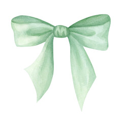 Satin pastel green bow. Hand drawn watercolor illustration isolated from background. For festive packaging paper, textile, wrapping, fabric, scrapbooking paper, wedding, fashion and beauty designs.