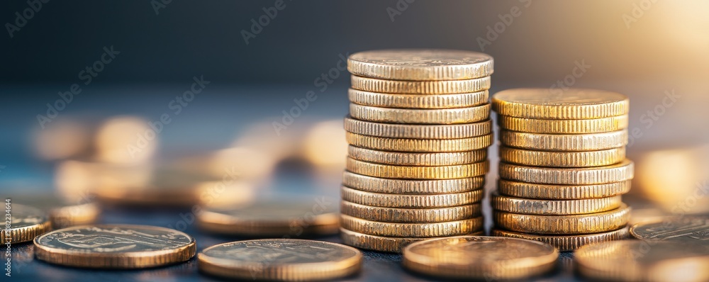 Aufkleber a close-up of stacked gold coins on a surface, with a soft, blurred background creating a warm and r