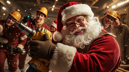 A man dressed as Santa Claus holding a drill in front of a group of people