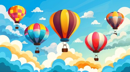 A cartoon illustration of hot air balloons flying in a blue sky.