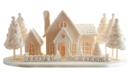 Delicate gingerbread house with intricate designs and trees.