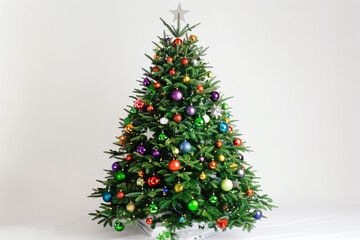 A lush green Christmas tree adorned with colorful baubles and a shining star on top, set on a clean white backdrop.
