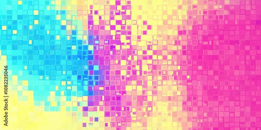 Poster Vibrant Abstract Background with Colorful Square Pixels Creating a Dynamic Gradient Effect from Blue to Pink and Yellow for Creative Projects and Designs