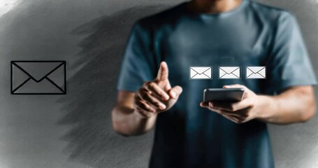 Man holding smartphone and pointing at virtual icon with envelope icons, email automation, mobile communication, targeted campaigns, Drip campaign