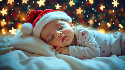 A little girl in a santa hat sleeping on a bed
