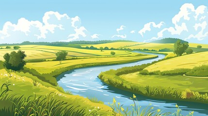 A winding river flows through a green valley under a blue sky.