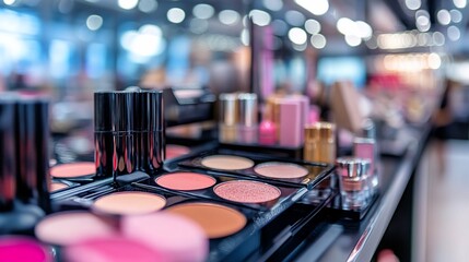 Close up of makeup products on a counter in a store.