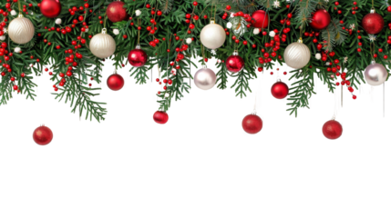 Festive holiday garland with ornaments and greenery for decoration.