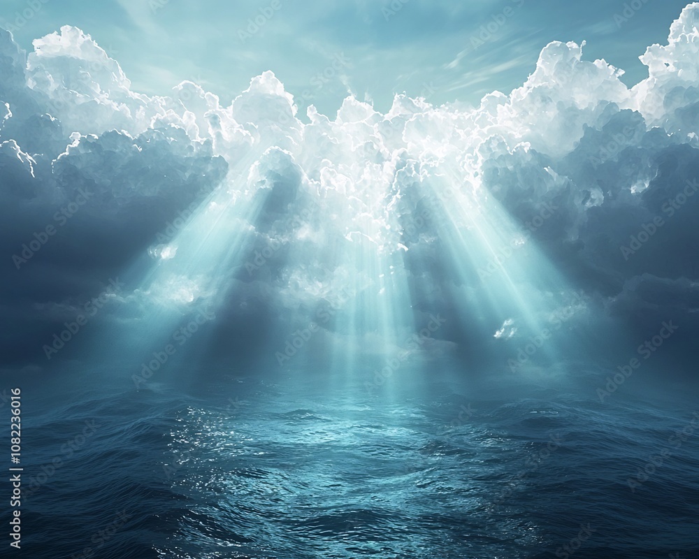 Poster surreal cloudscape of servers hovering above a digital ocean