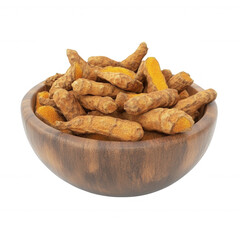 Fototapeta premium A wooden bowl filled with fresh, aromatic turmeric roots, perfect for culinary use., isolated on a transparent background.
