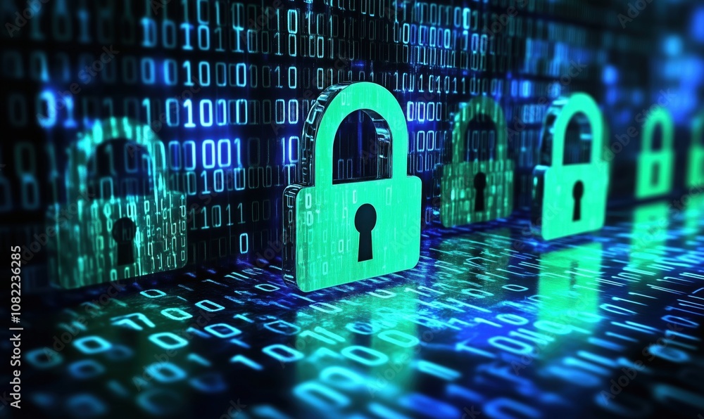 Poster digital security locks, binary code background, data protection concept, technology, cybersecurity, 