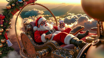 A santa claus sitting in a sleigh with a cup of coffee in his hand