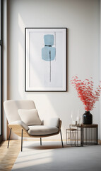 Modern Living Room Interior with White Armchair Abstract Painting and Red Plant