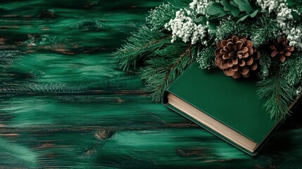 Green book with Christmas pine branches on rustic green wood background